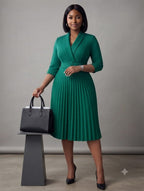 Emerald Green Belted Pleated Wrap Dress