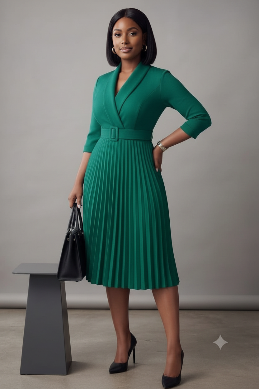 Emerald Green Belted Pleated Wrap Dress