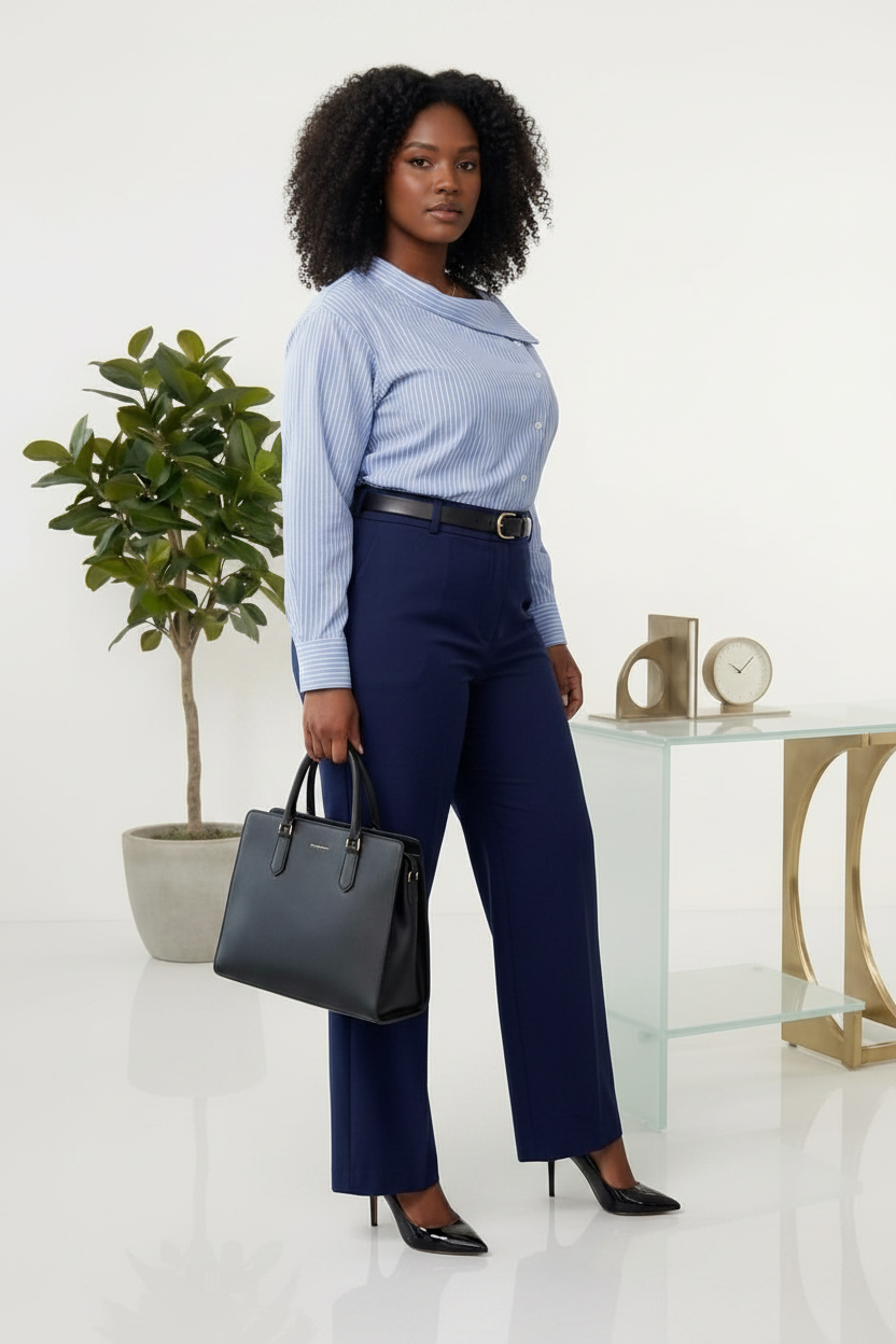Blue Striped Asymmetric Shirt & Navy Wide-Leg Trousers