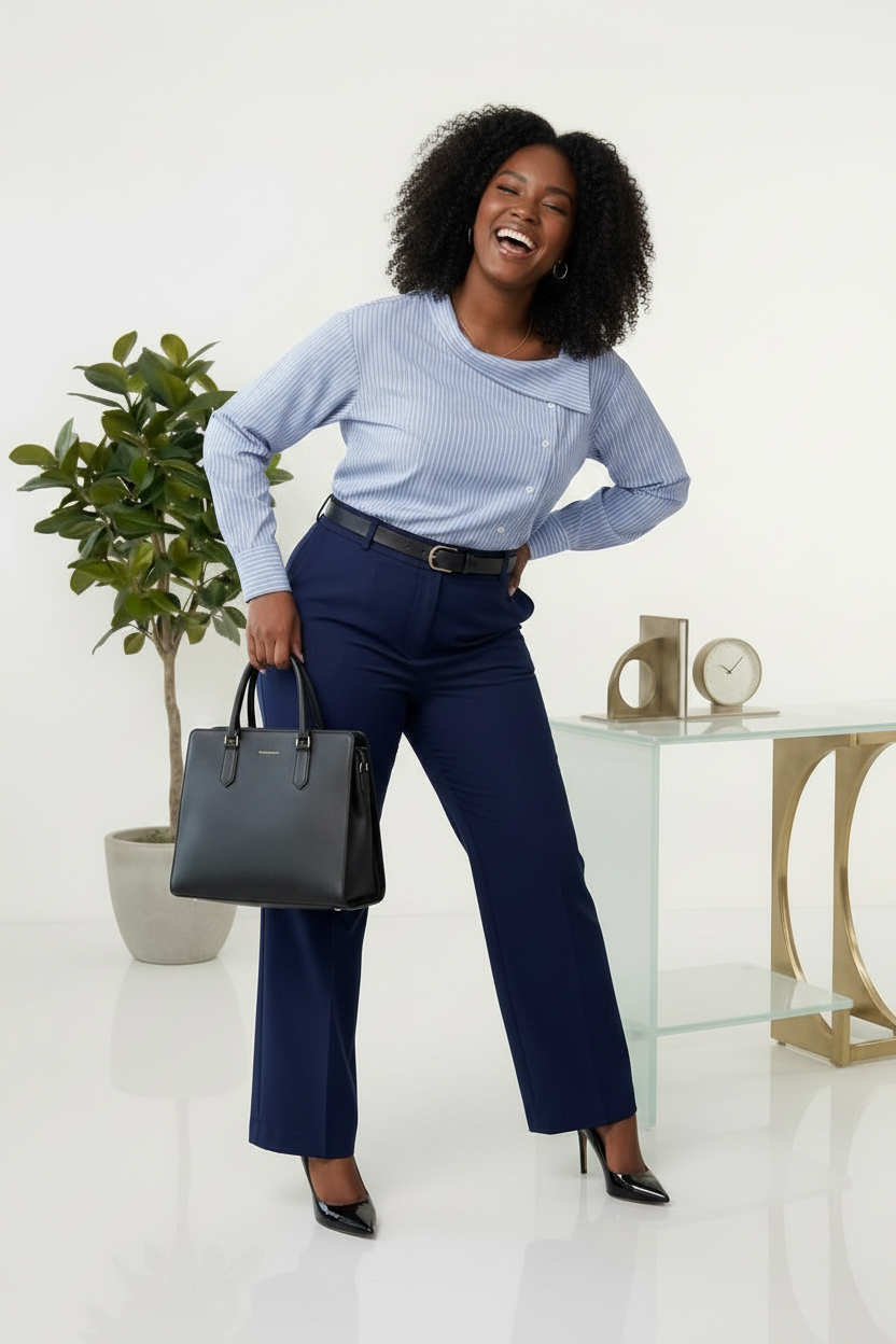 Blue Striped Asymmetric Shirt & Navy Wide-Leg Trousers