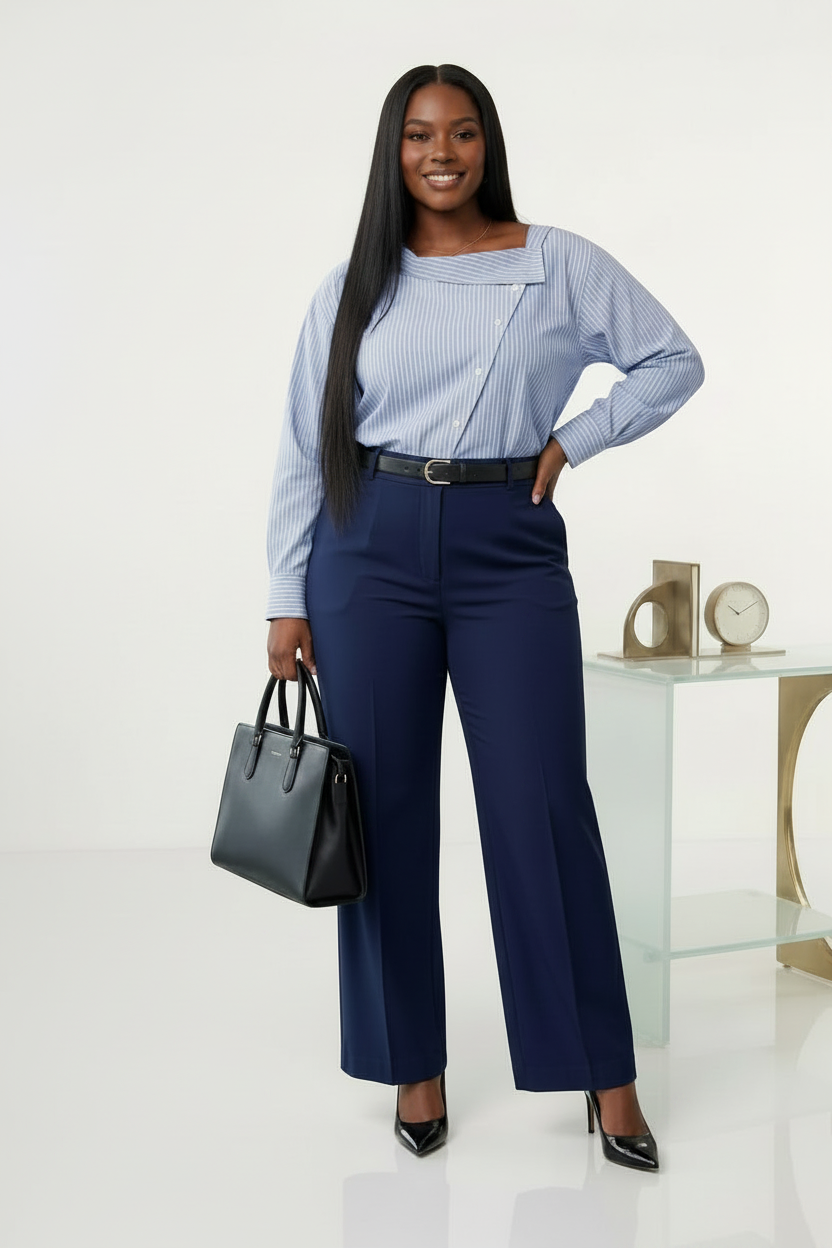 Blue Striped Asymmetric Shirt & Navy Wide-Leg Trousers