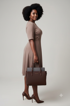 Crew Neck Mocha Dress with Buckle Detail