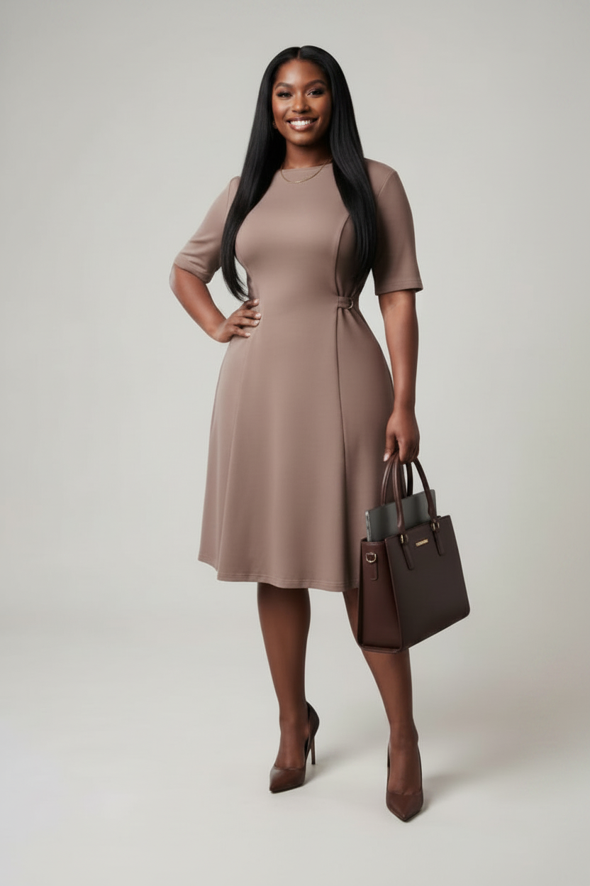 Crew Neck Mocha Dress with Buckle Detail
