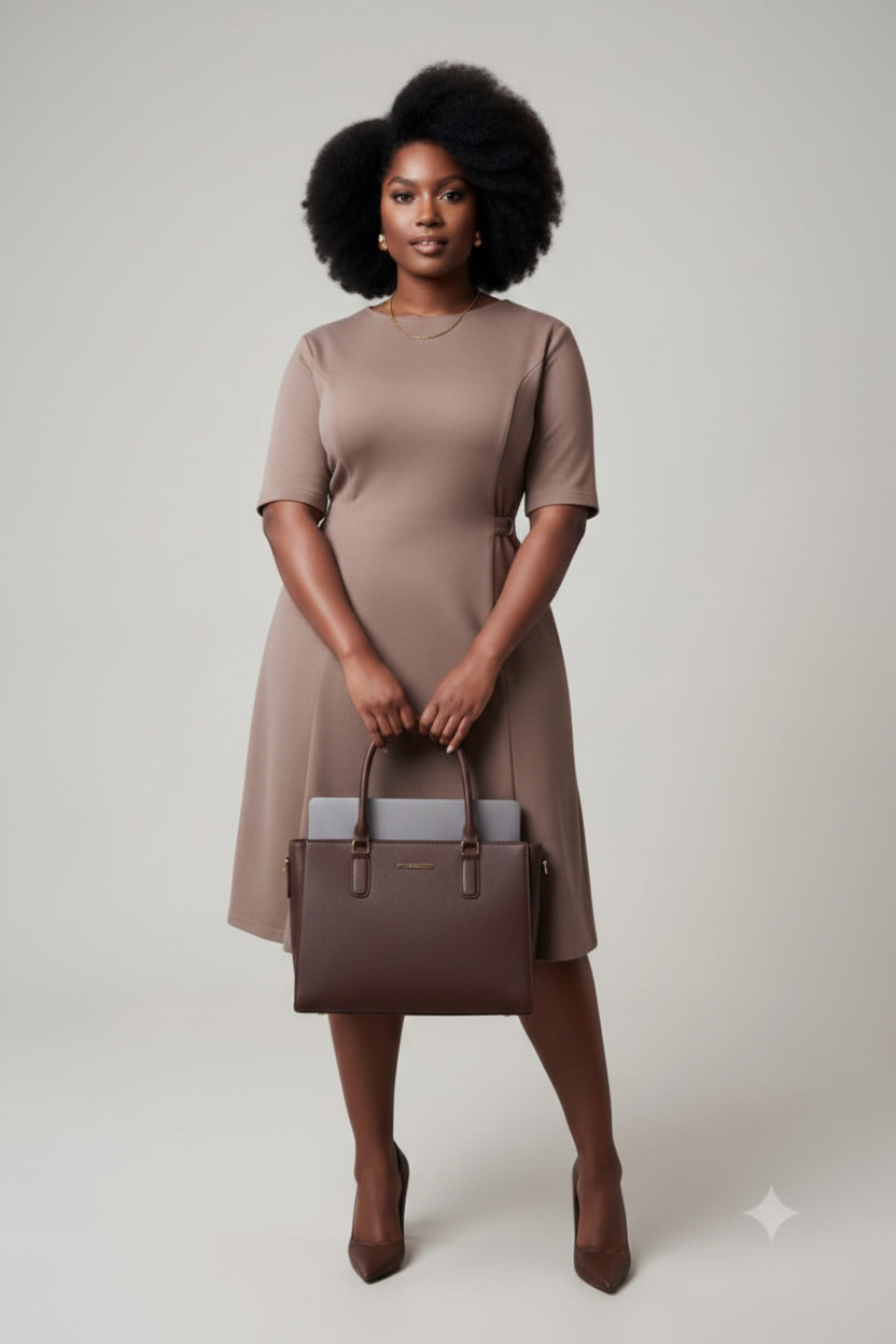 Crew Neck Mocha Dress with Buckle Detail