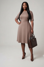 Crew Neck Mocha Dress with Buckle Detail