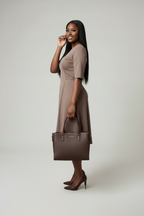 Crew Neck Mocha Dress with Buckle Detail