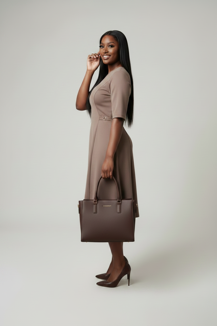 Crew Neck Mocha Dress with Buckle Detail