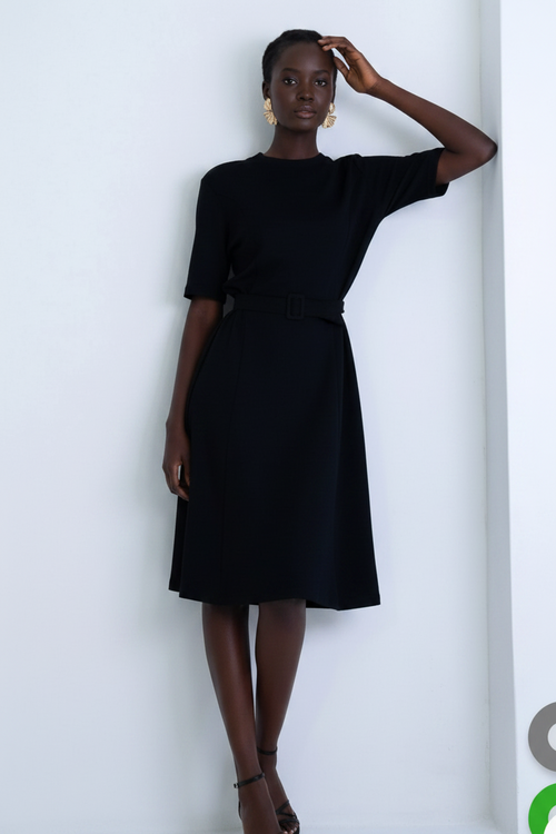 Black Belted A-Line Midi Dress