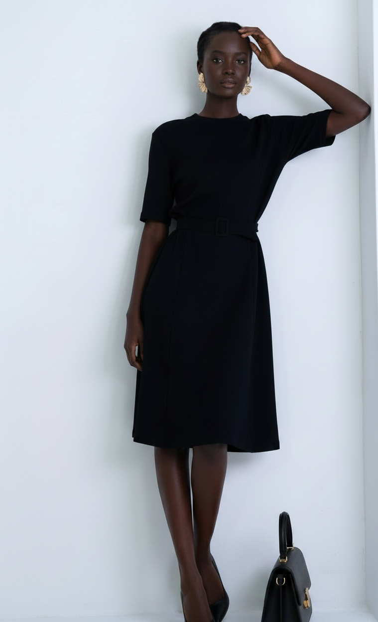 Black Belted A-Line Midi Dress