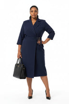 Plus Size Navy Blazer Wrap Midi Dress