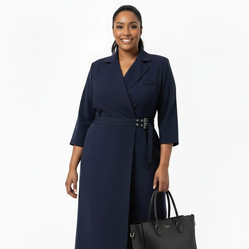 Plus Size Navy Blazer Wrap Midi Dress