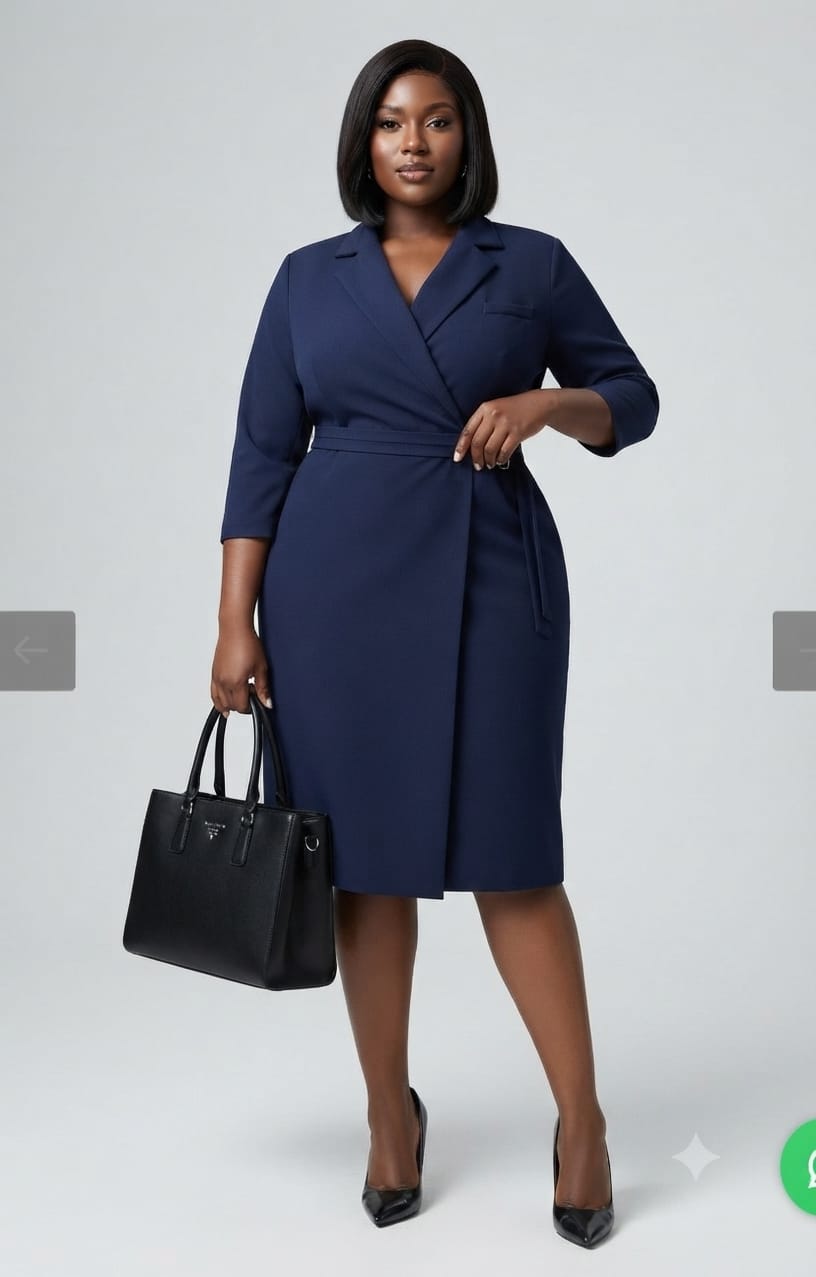 Plus Size Navy Blazer Wrap Midi Dress