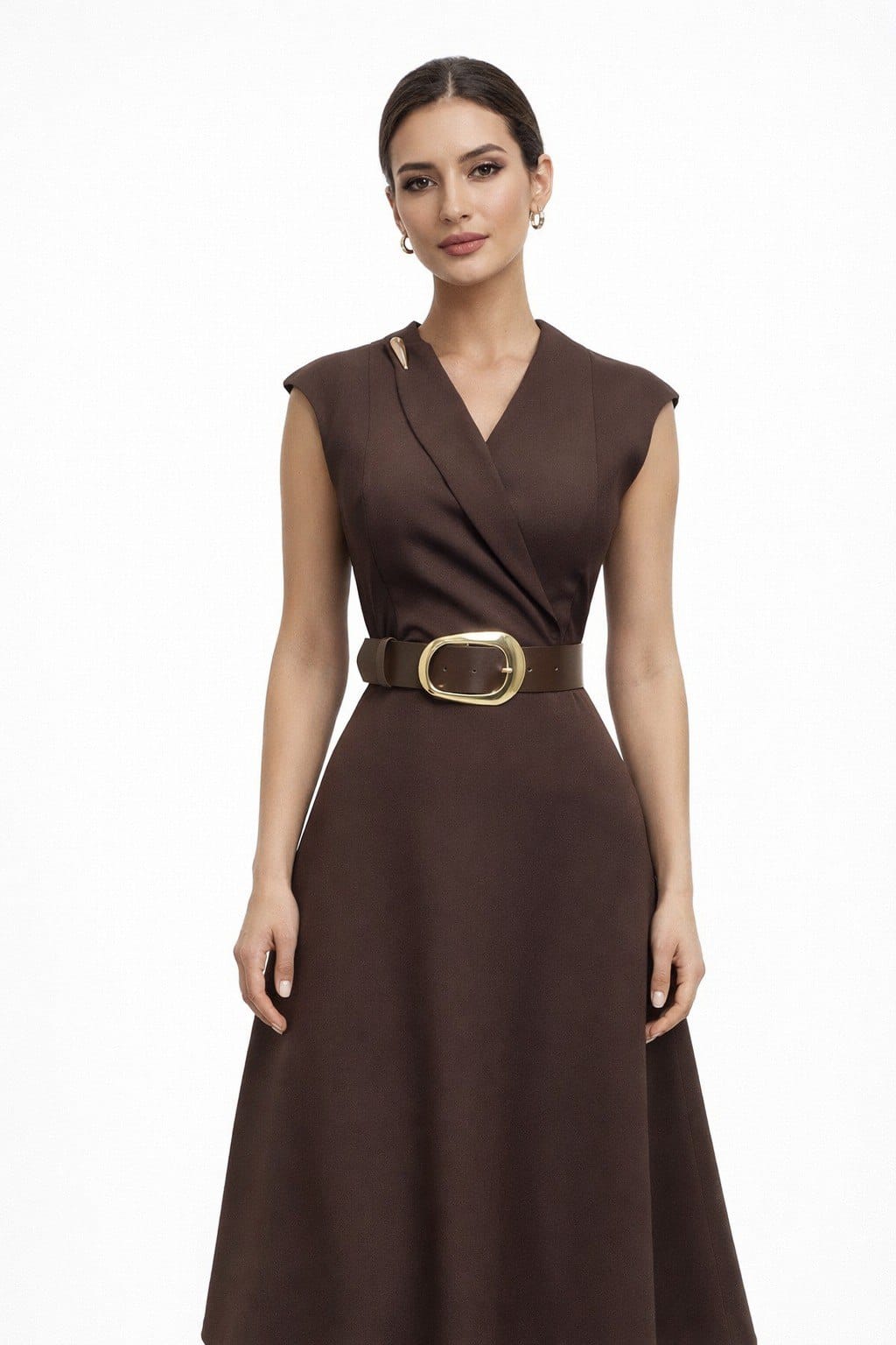 Brown Wrap -Neck Belted Midi Dress