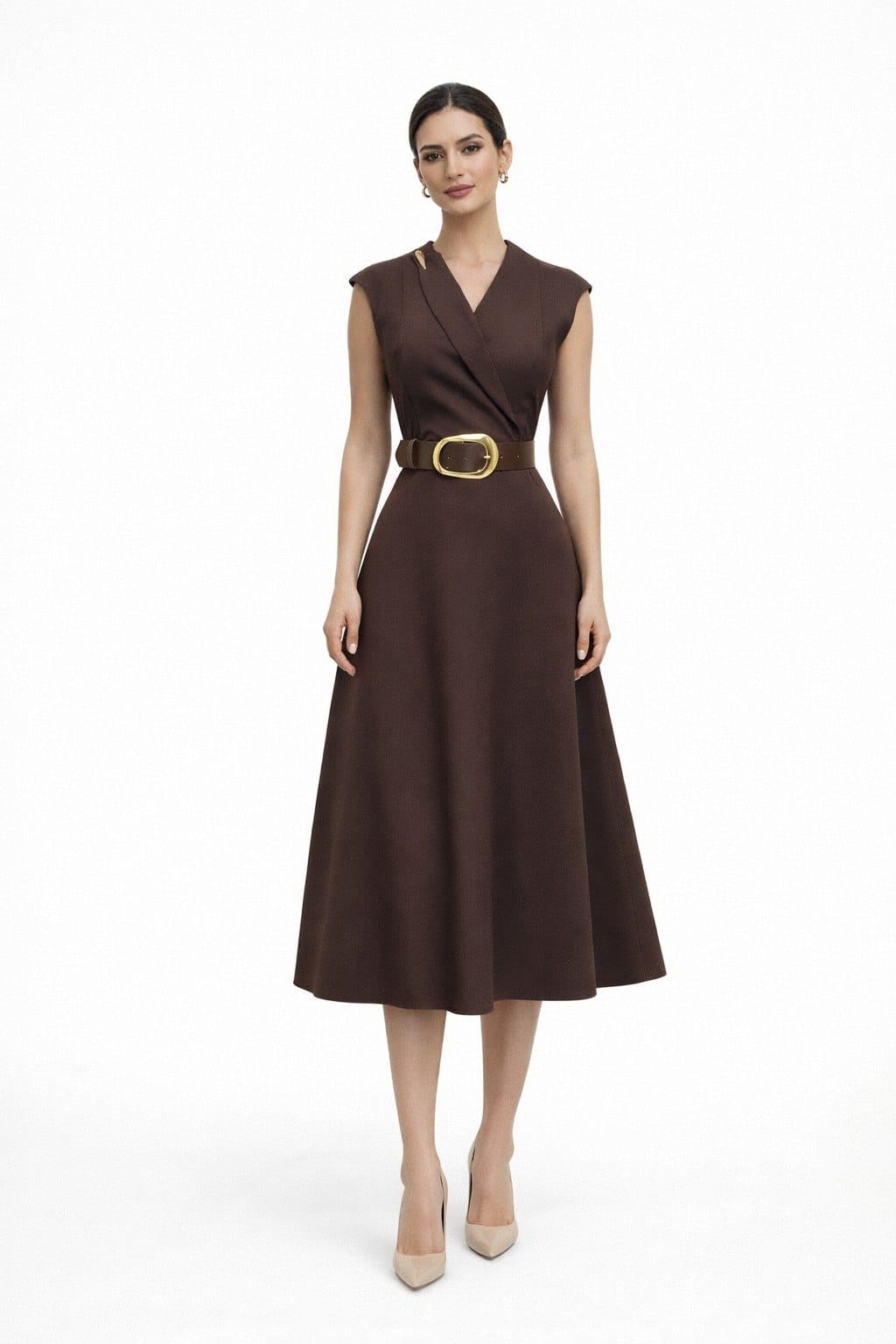 Brown Wrap -Neck Belted Midi Dress