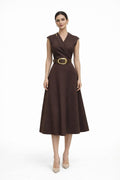 Brown Wrap -Neck Belted Midi Dress