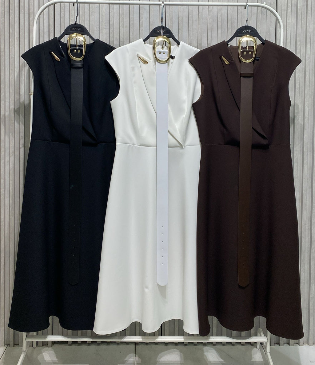 Brown Wrap -Neck Belted Midi Dress