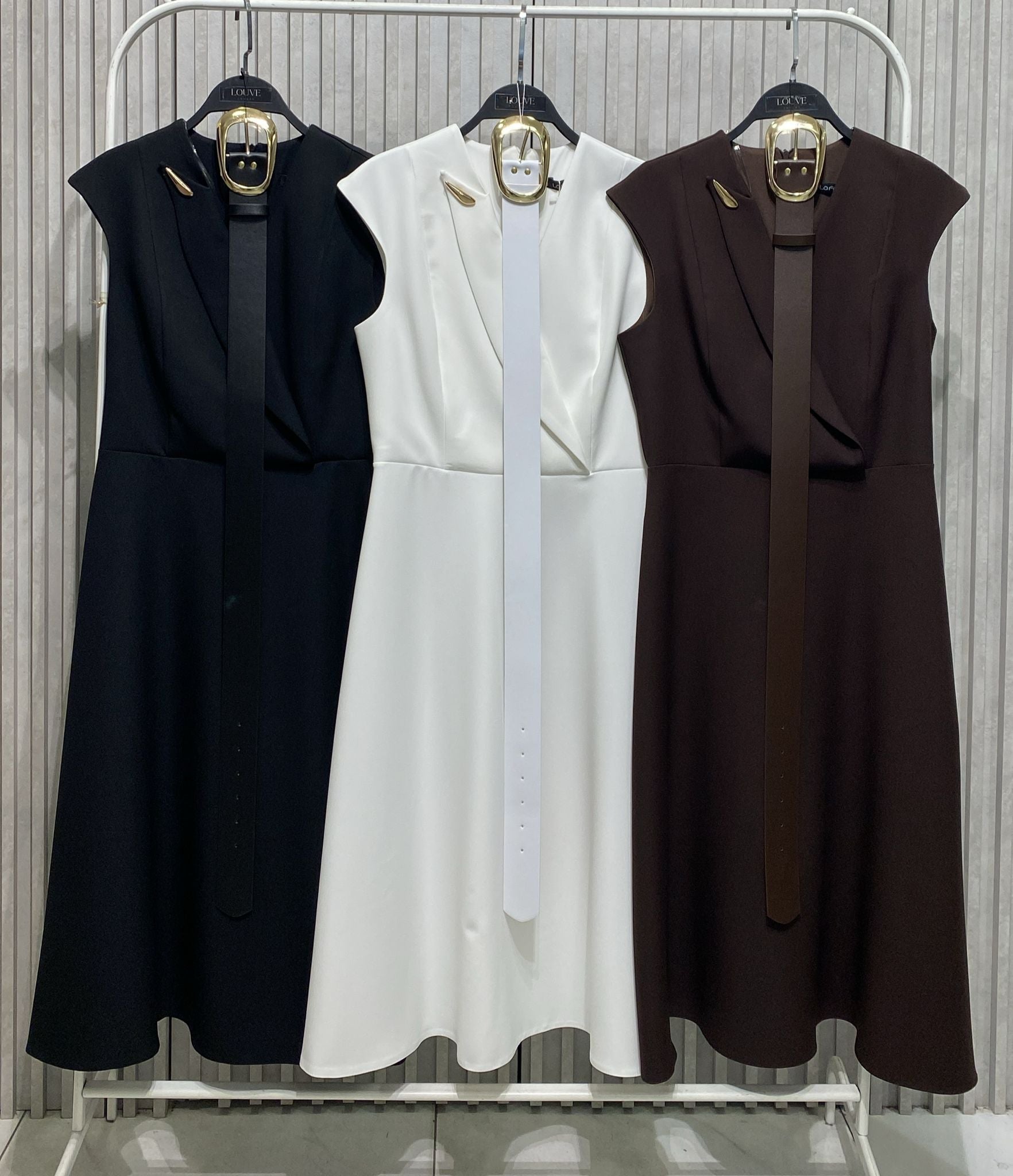 Brown Wrap -Neck Belted Midi Dress