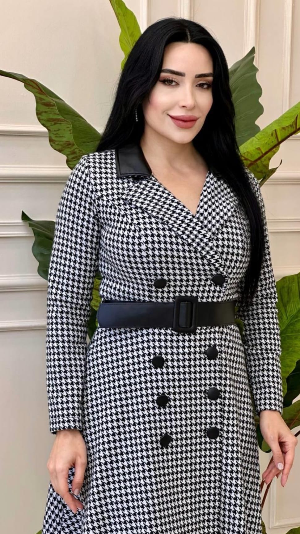 Black & White Houndstooth Double-Breasted Midi Dress
