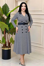 Black & White Houndstooth Double-Breasted Midi Dress
