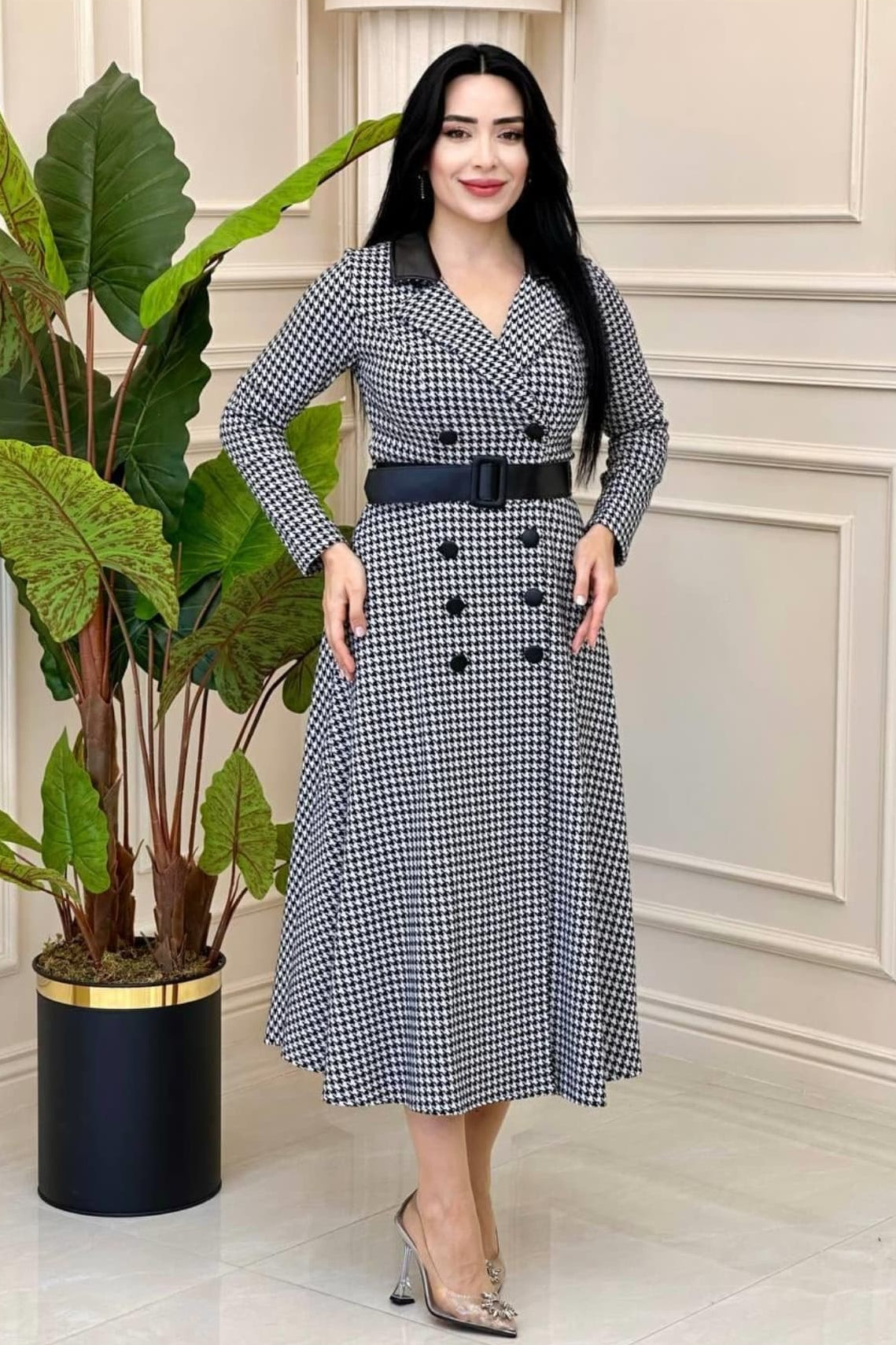 Black & White Houndstooth Double-Breasted Midi Dress