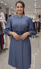 Smoke Grey Double-Belt Detail Midi Dress