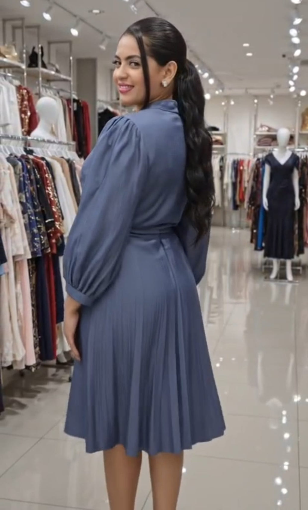 Smoke Grey Double-Belt Detail Midi Dress