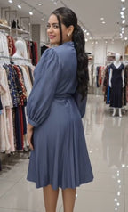 Smoke Grey Double-Belt Detail Midi Dress