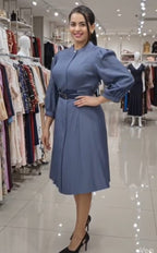 Smoke Grey Double-Belt Detail Midi Dress