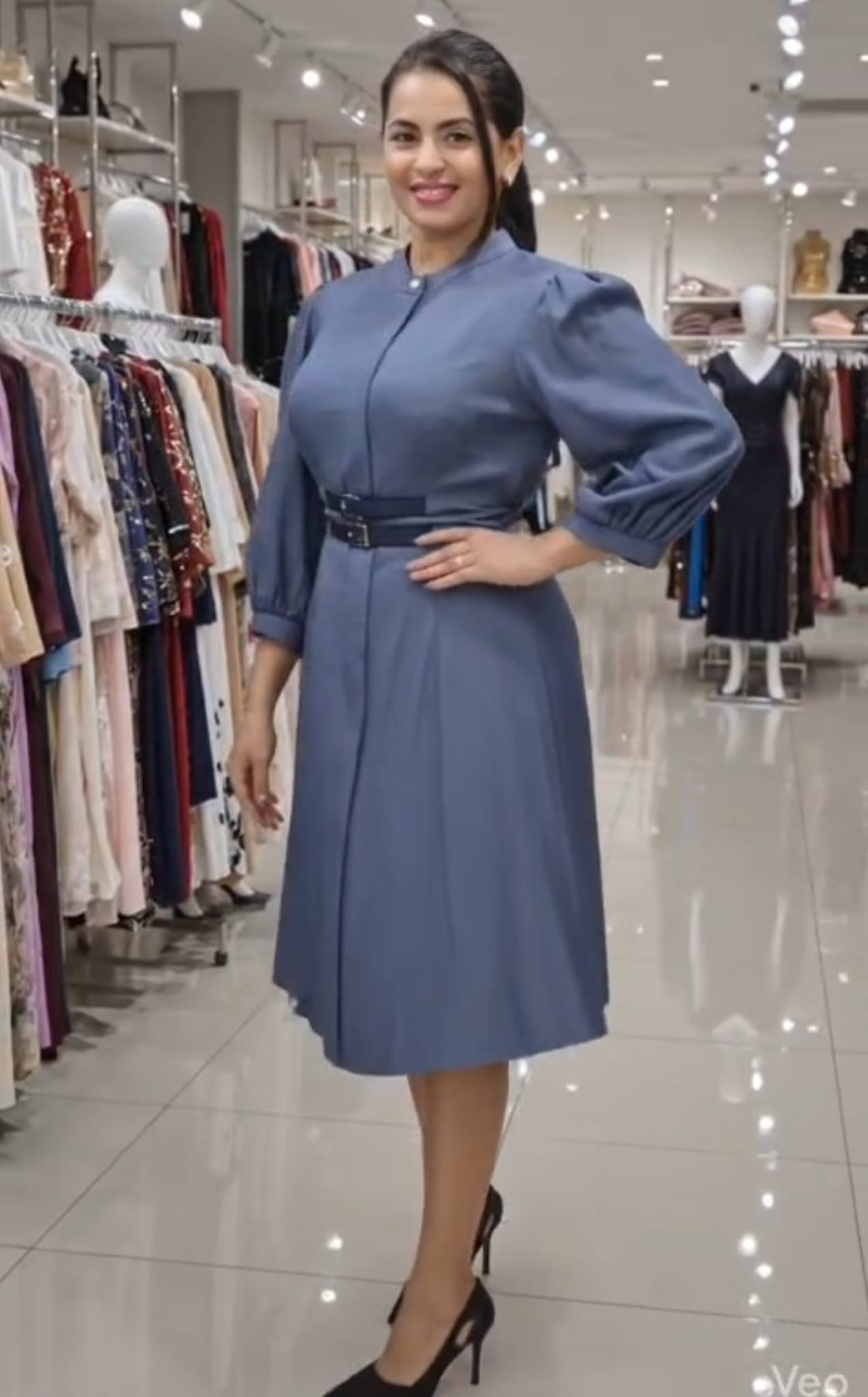 Smoke Grey Double-Belt Detail Midi Dress