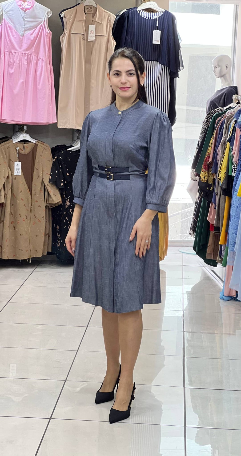 Smoke Grey Double-Belt Detail Midi Dress