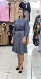 Smoke Grey Double-Belt Detail Midi Dress