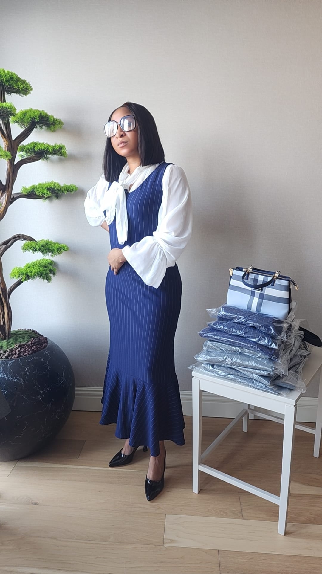 Modest Navy Stripe Dress with Inner