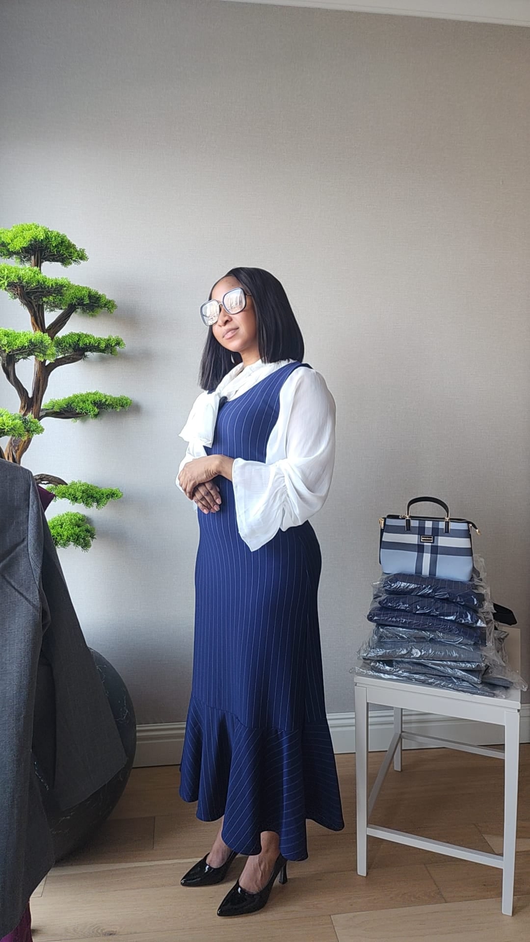 Modest Navy Stripe Dress with Inner