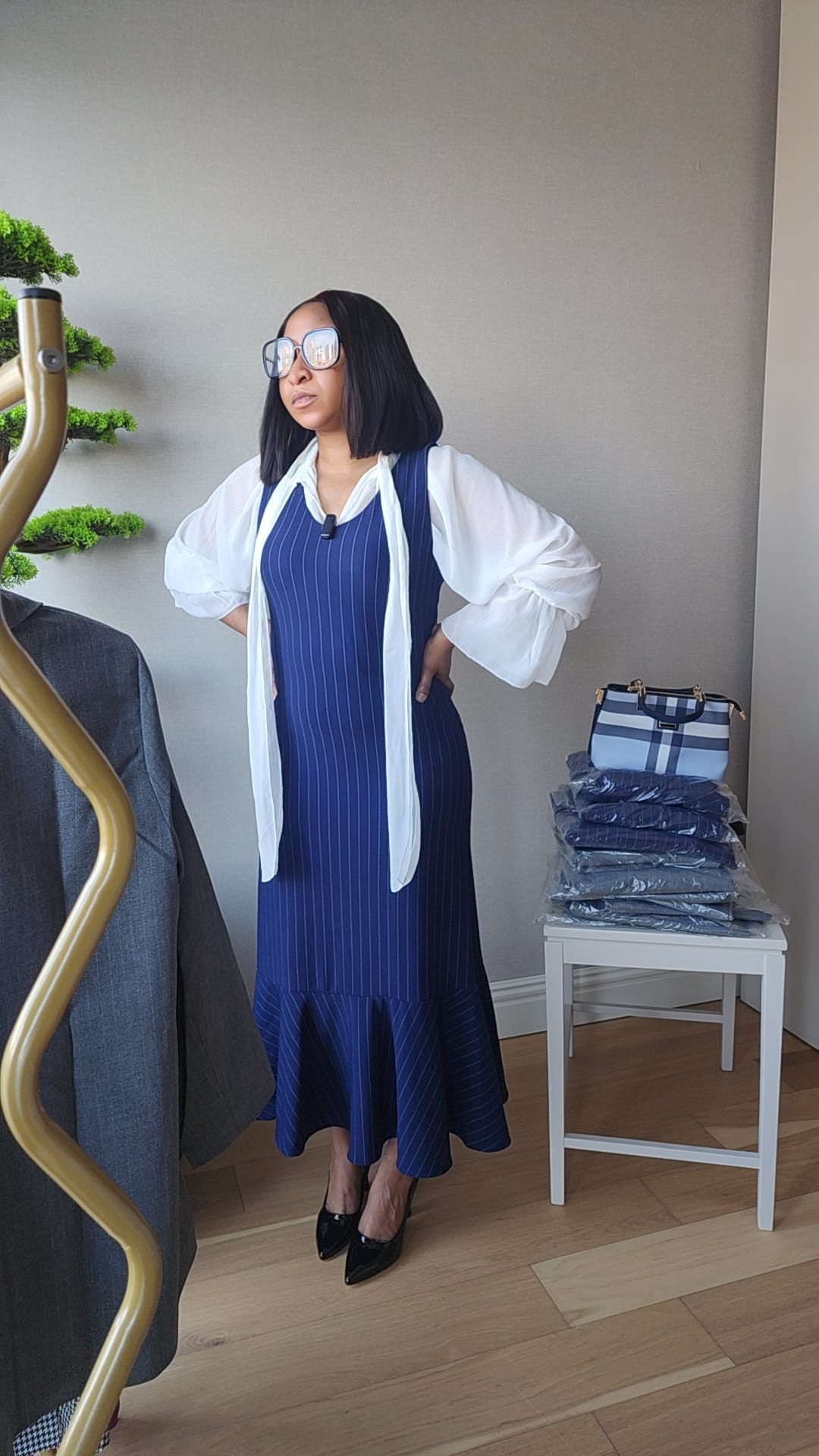 Modest Navy Stripe Dress with Inner