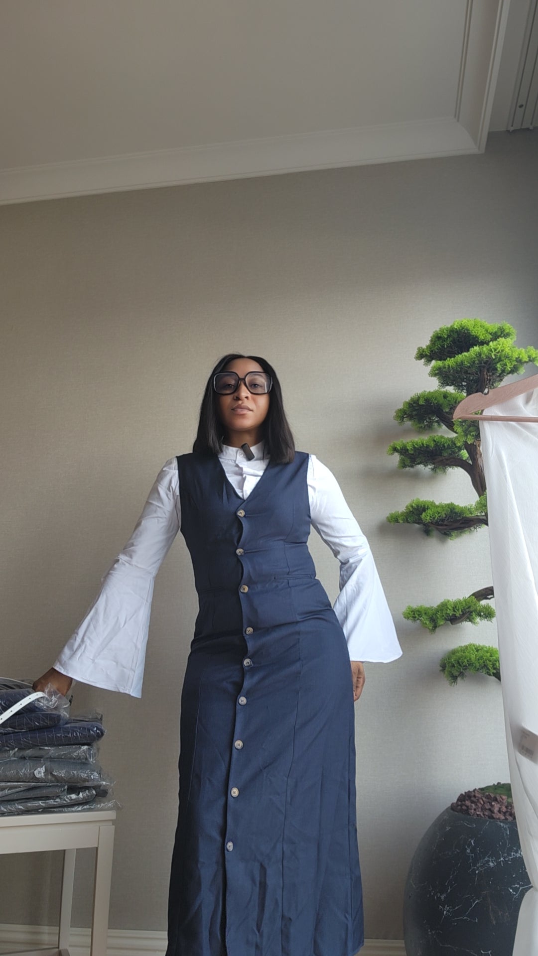 Modest Navy Button-Front Vest Dress with Inner