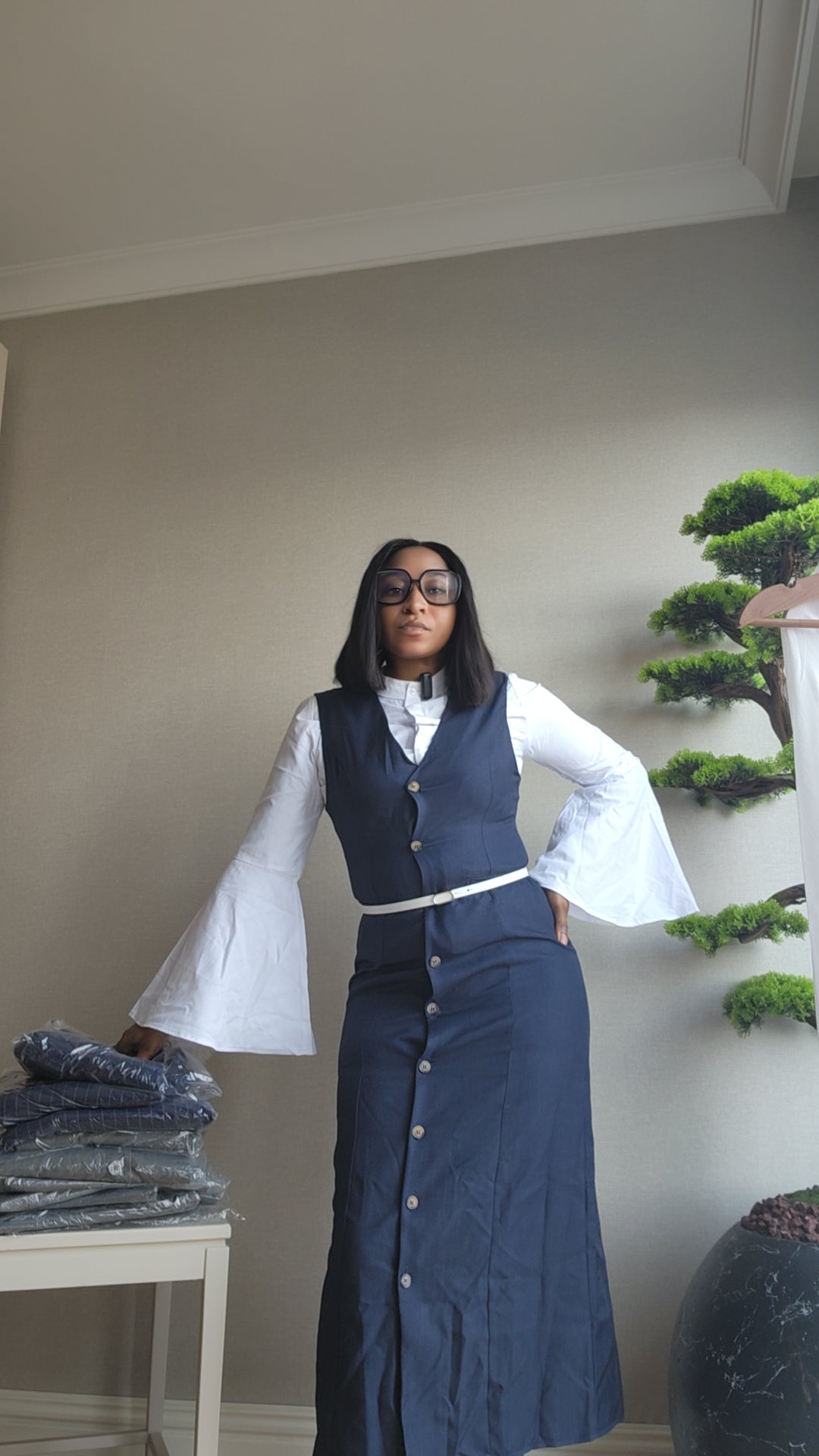 Modest Navy Button-Front Vest Dress with Inner