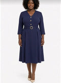 Navy Blue Midi Dress with Belt Detail