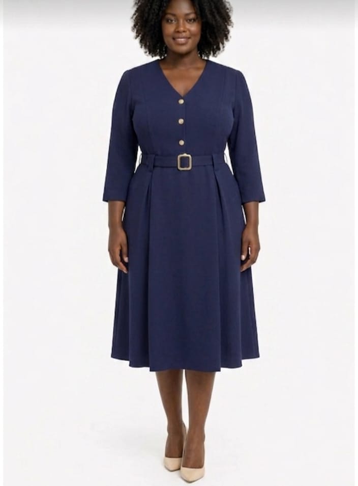 V-Neck Button Front Flared Midi Dress – Navy