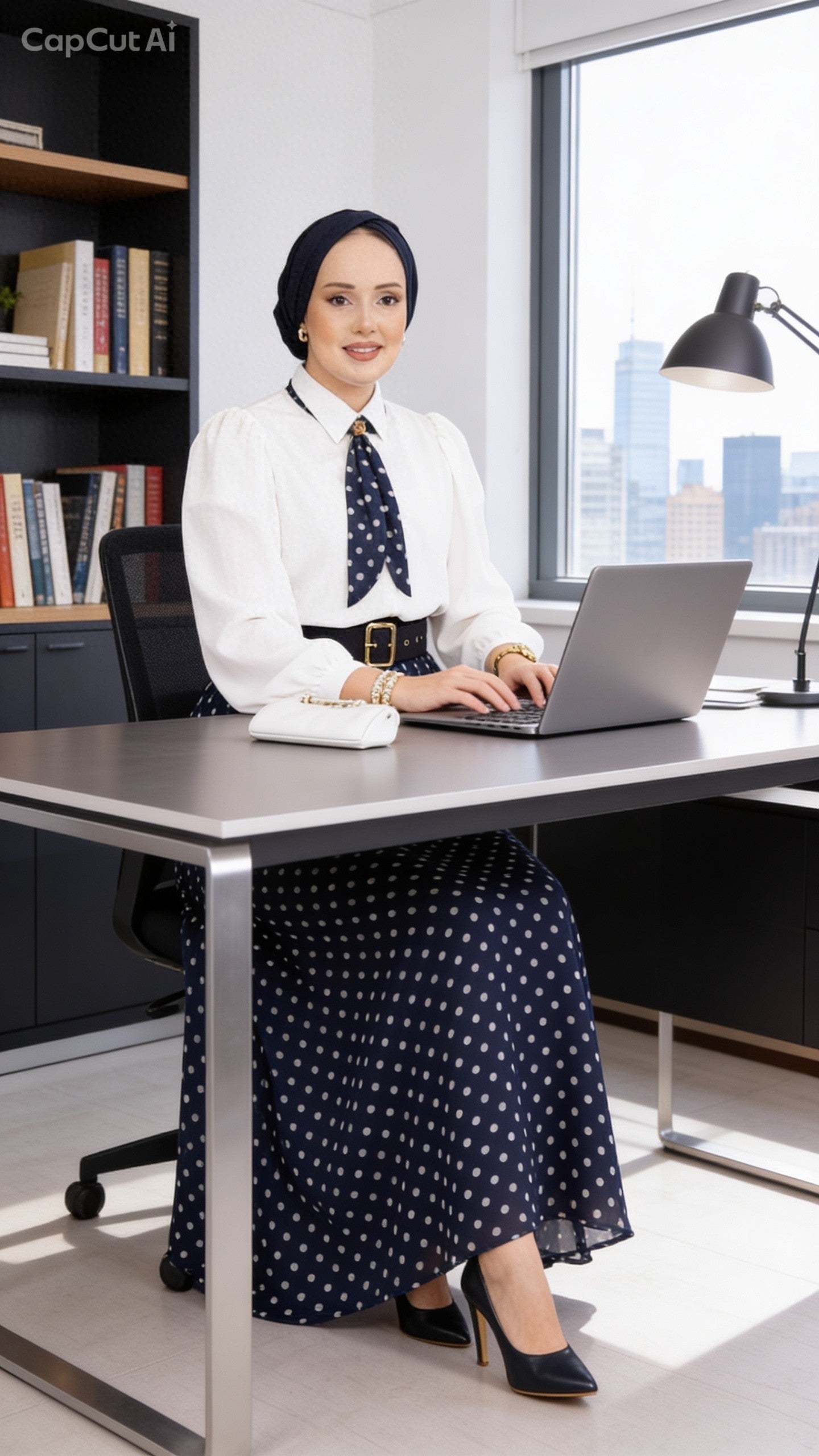 Navy Polka Dot Skirt Set with Scarf Tie