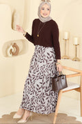 Coffee Top & Down Leaf Print Skirt Set