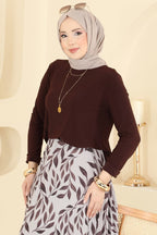 Coffee Top & Down Leaf Print Skirt Set