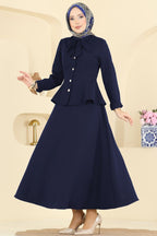 Navy Peplum Jacket & Flared Maxi Skirt Set