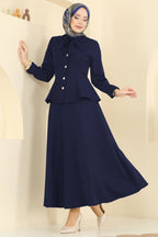 Navy Peplum Jacket & Flared Maxi Skirt Set