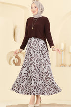 Coffee Top & Down Leaf Print Skirt Set