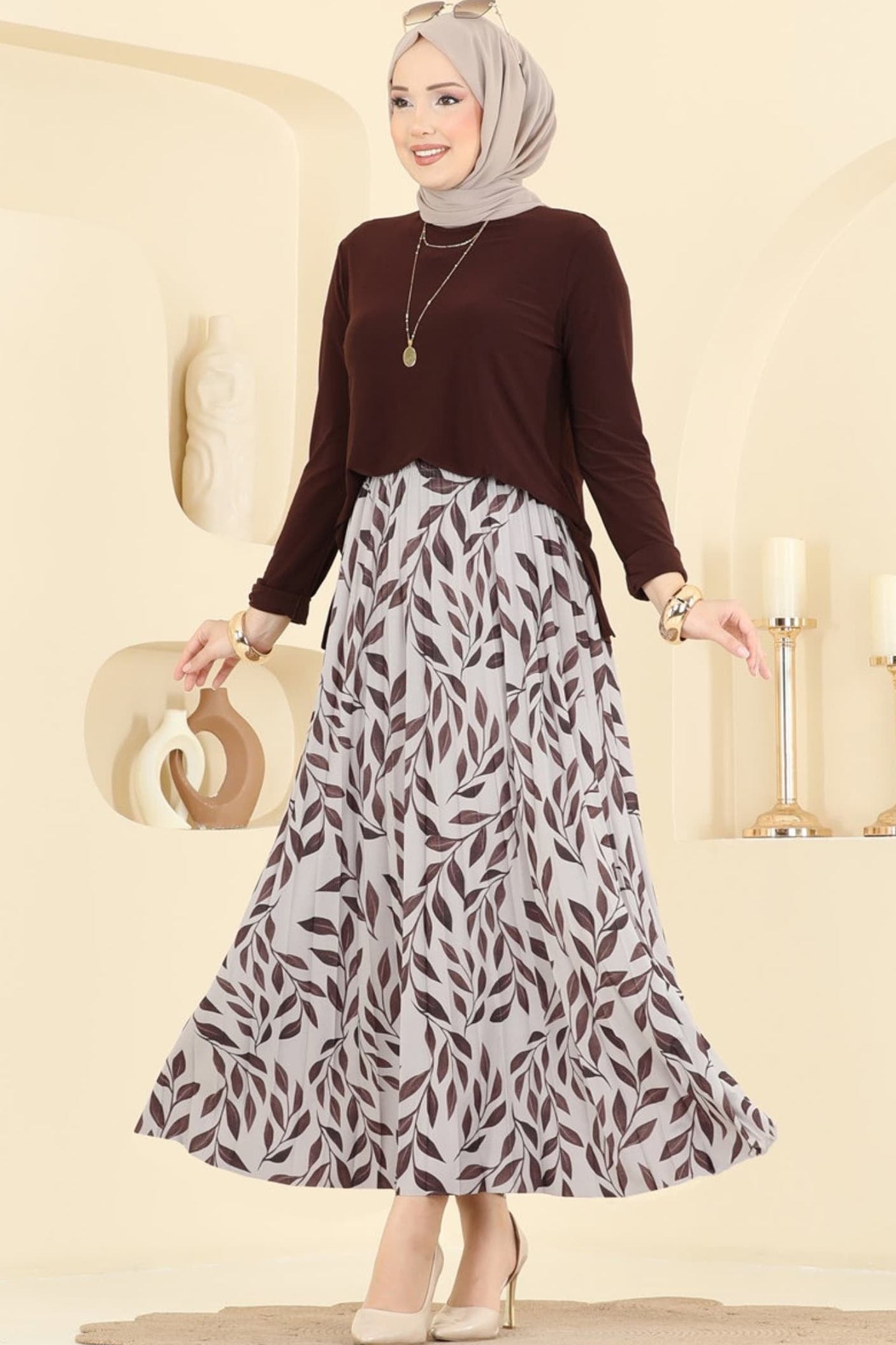 Coffee Top & Down Leaf Print Skirt Set