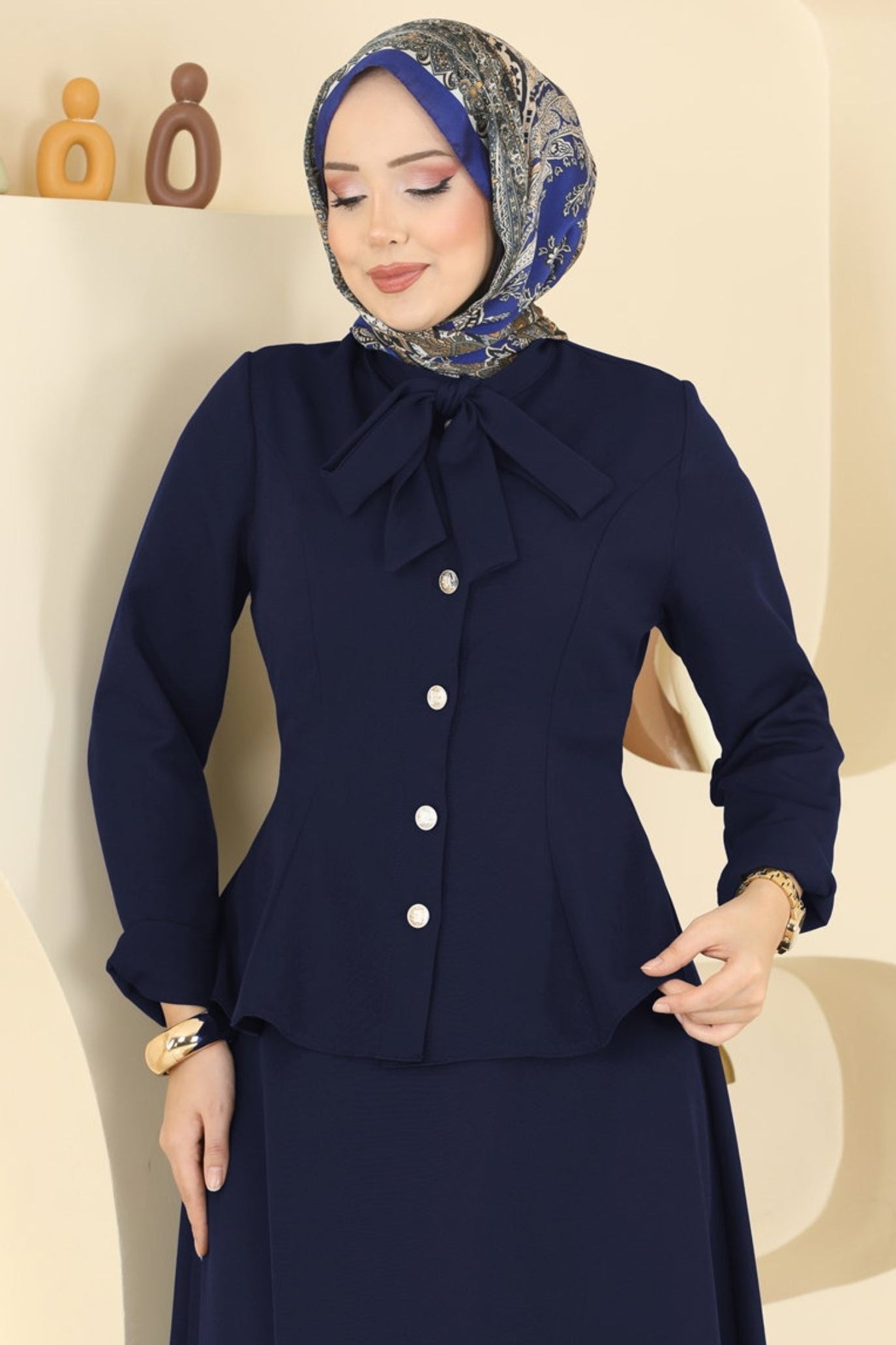 Navy Peplum Jacket & Flared Maxi Skirt Set