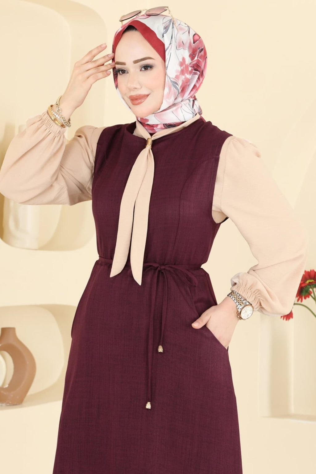 Burgundy Drawstring Maxi Dress & Cream Chiffon Sleeve Set
