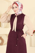 Burgundy Drawstring Maxi Dress & Cream Chiffon Sleeve Set