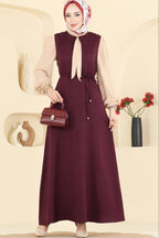 Burgundy Drawstring Maxi Dress & Cream Chiffon Sleeve Set