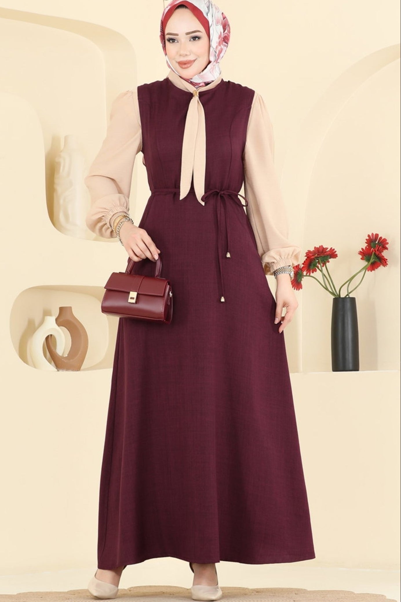 Burgundy Drawstring Maxi Dress & Cream Chiffon Sleeve Set